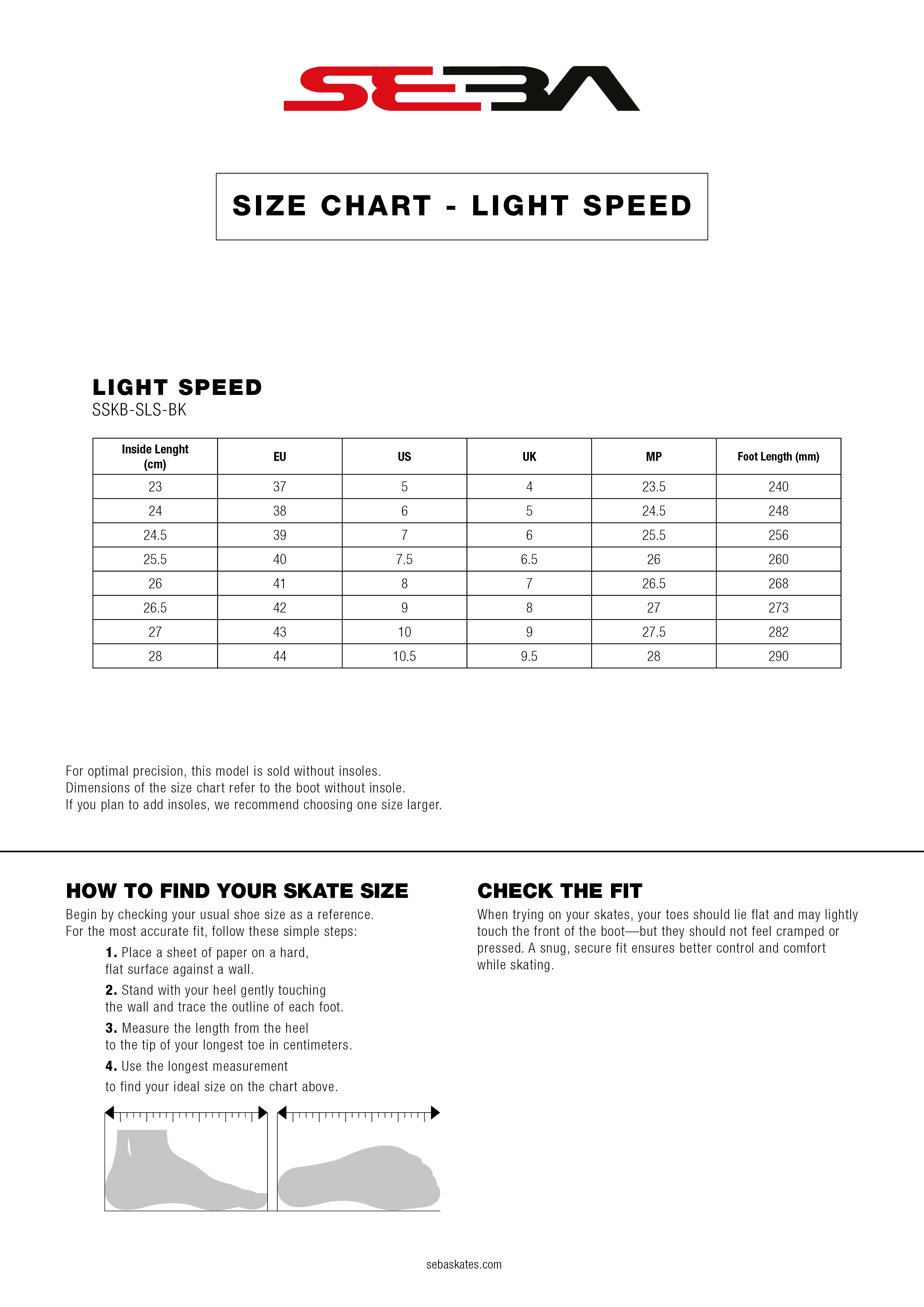 SIZE CHART - SEBA - 2025 - LIGHT SPEED
